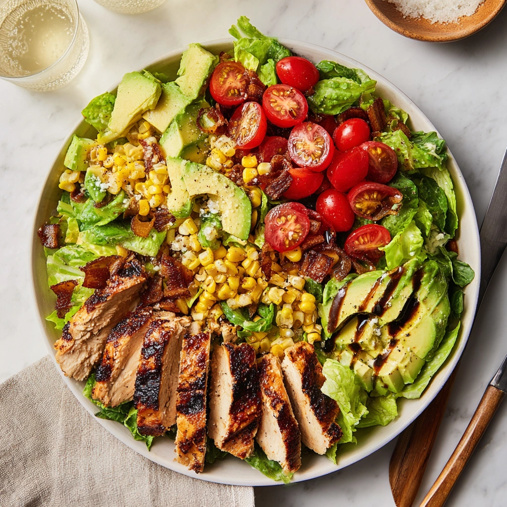 A close-up of a fresh and easy balsamic chicken salad in a bowl, with vibrant vegetables and a light dressing.