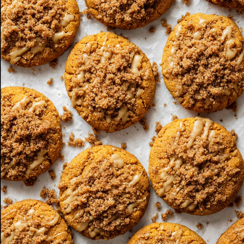 A soft pumpkin cookie with a crunchy crumb cake topping, perfect for a quick fall treat.