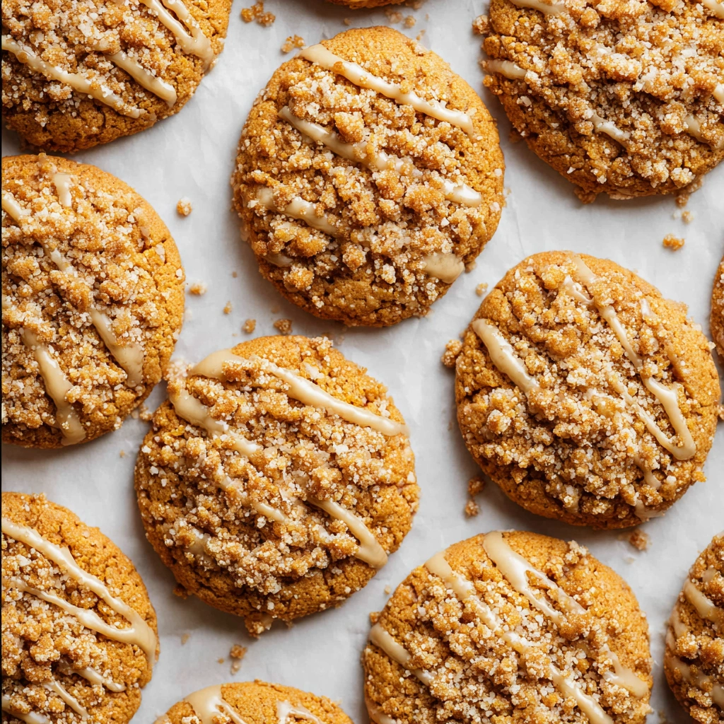 A delicious, quick pumpkin crumb cake cookie, with a delicate drizzle of icing on top.