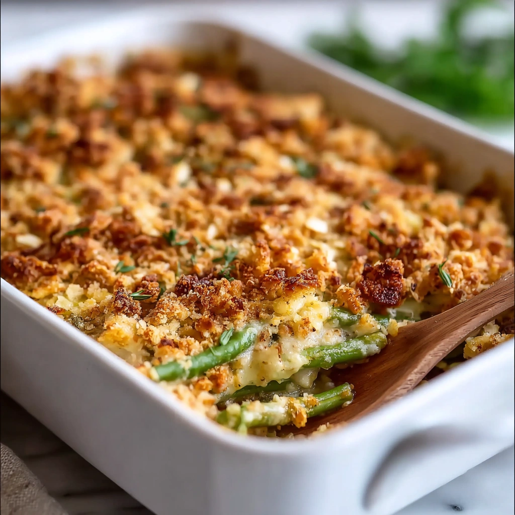 A delicious and quick homemade chicken and green bean casserole, fresh out of the oven.