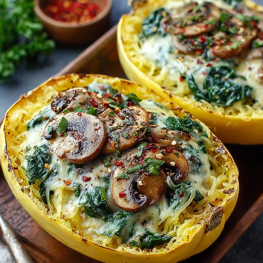 30-minute Creamy Spaghetti Squash Recipe Spinach Mushroom Spaghetti Squash Dinner Low Carb Creamy Spaghetti Squash Quick V...