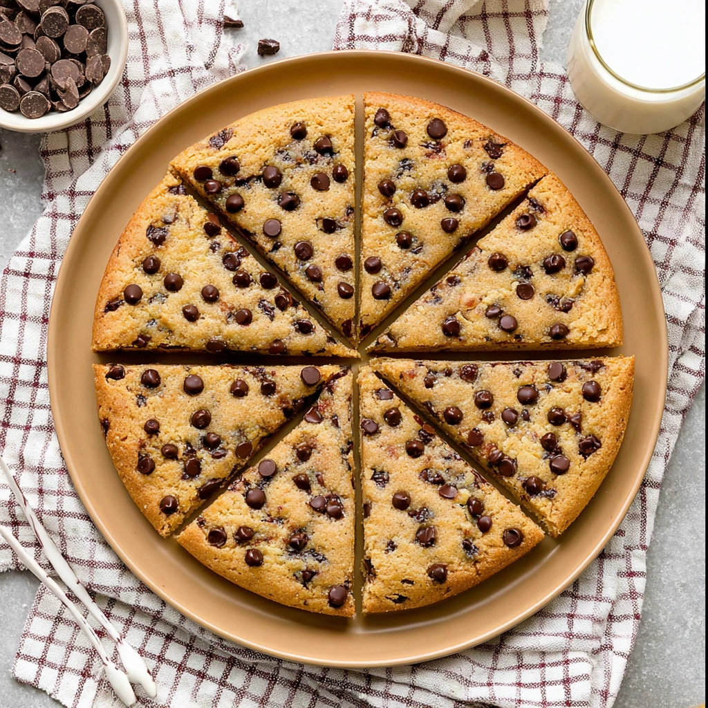 A vibrant, close-up shot of a chocolate chip cookie pizza with melted chocolate chunks and a golden-brown crust.