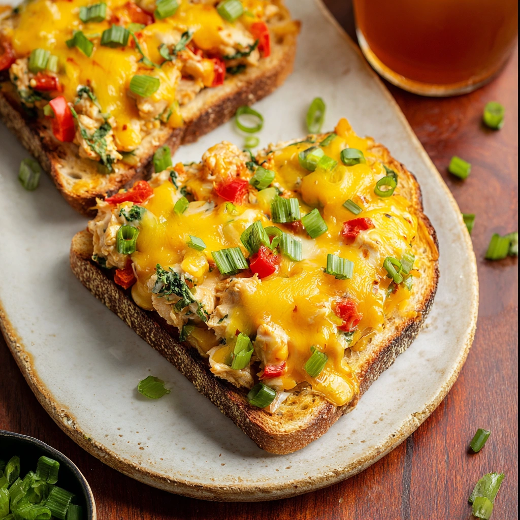 A close-up of a spicy chicken melt sandwich with melted cheese and rich, spicy sauce.