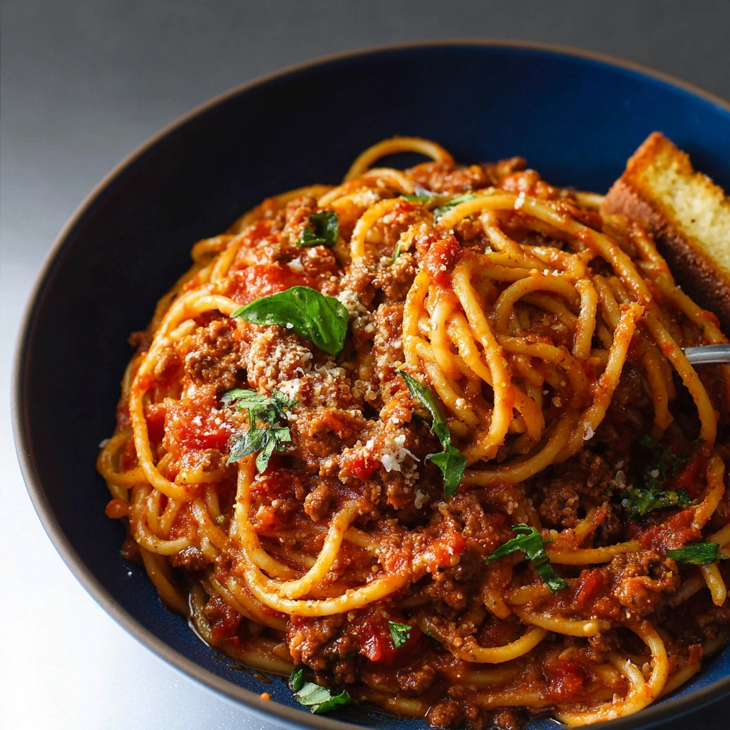 A delicious, quick spaghetti dinner made in an Instant Pot, with rich tomato sauce and fresh basil.