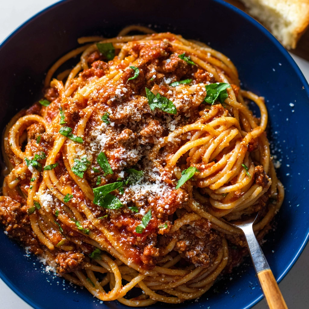 A delicious, quick spaghetti dinner made in an Instant Pot, with rich tomato sauce and fresh basil.