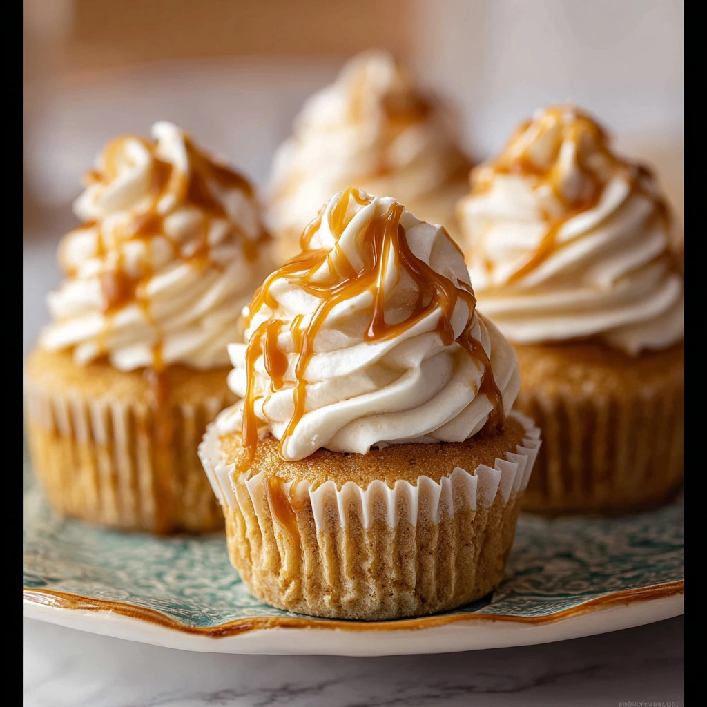 A Halloween cupcake topped with butterscotch frosting and a tiny pumpkin decoration.