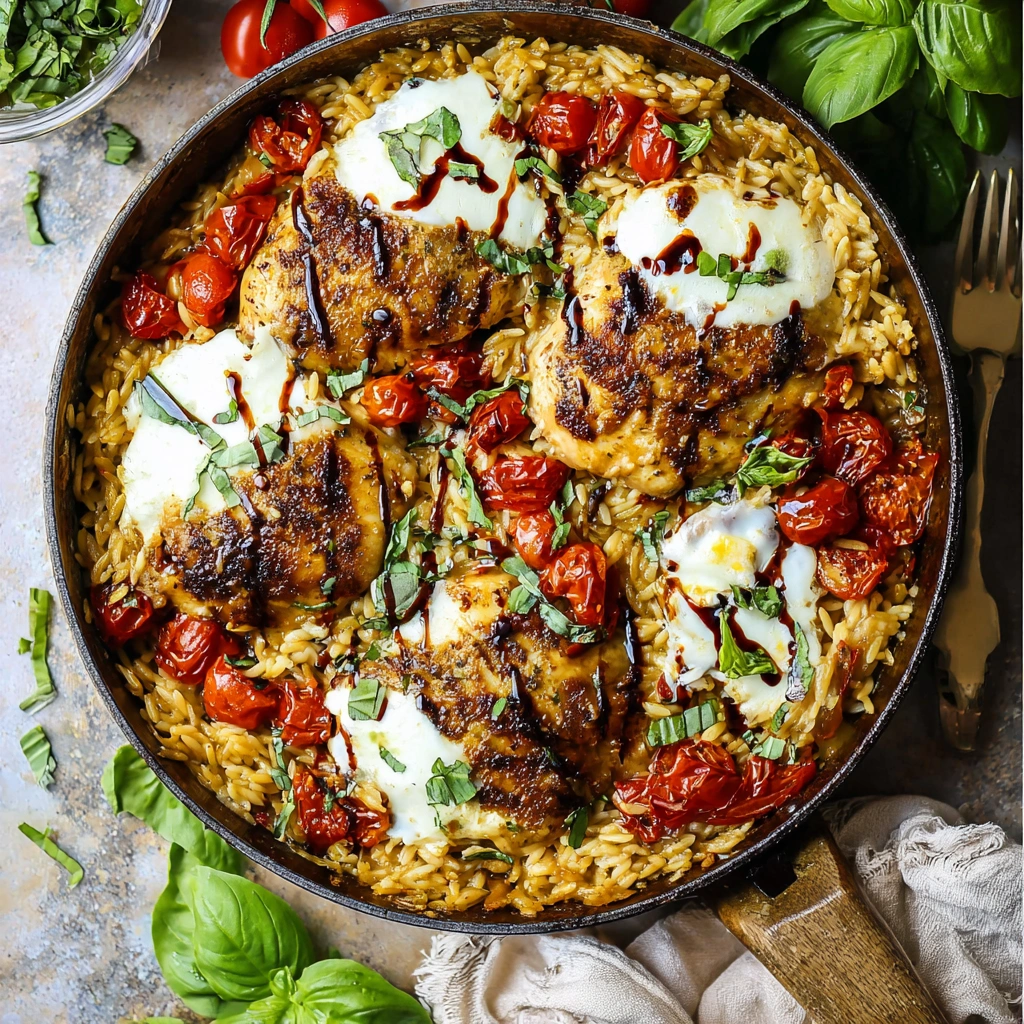 A quick and delicious chicken caprese orzo bake, fresh from the oven with melted mozzarella cheese and cherry tomatoes.
