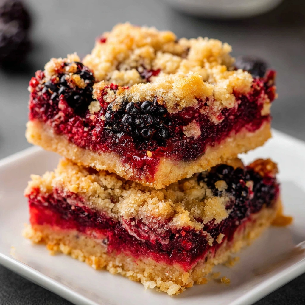 A close-up of a quick and easy blackberry pie bar, topped with a sweet icing drizzle and fresh blackberries.