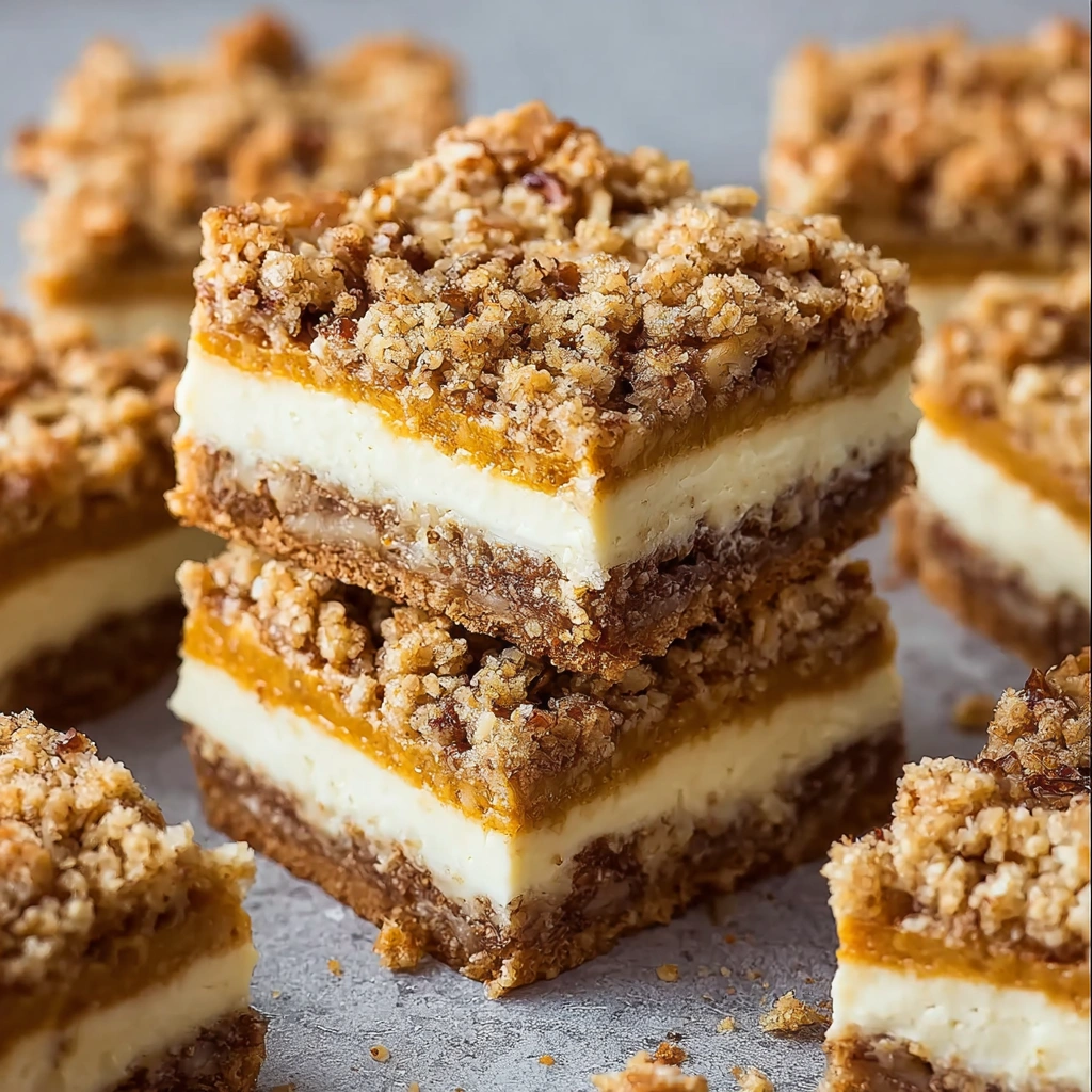 A fresh-baked slice of a sweet pumpkin cheesecake oatmeal bar with a delicious crumble topping.
