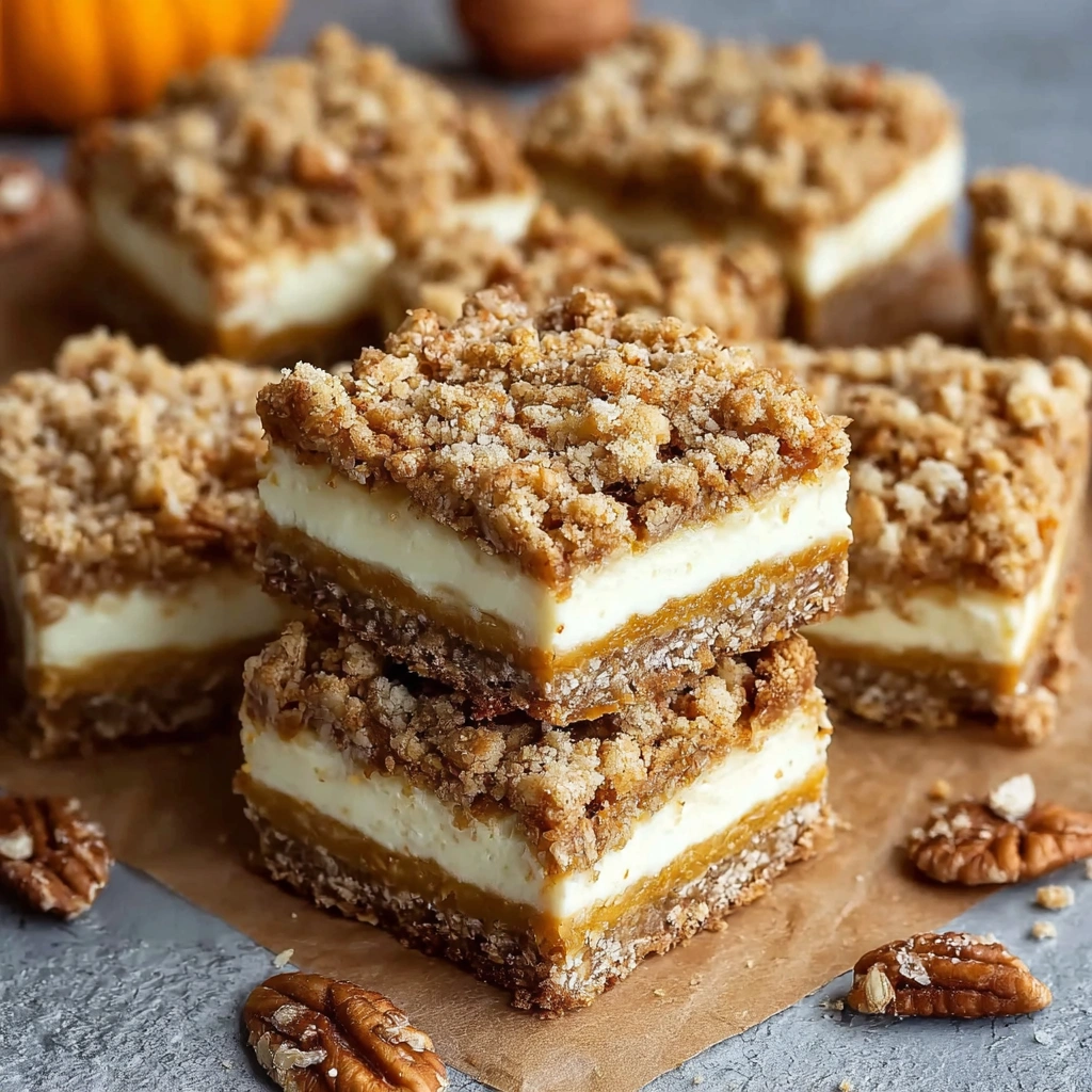 A fresh-baked slice of a sweet pumpkin cheesecake oatmeal bar with a delicious crumble topping.