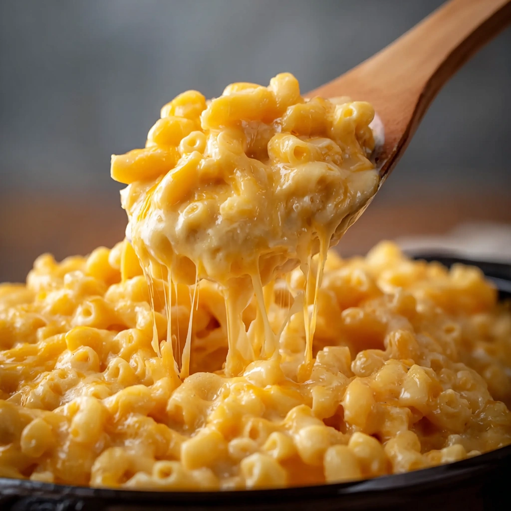 A rich and creamy crockpot mac and cheese, shown in the slow cooker and ready to serve.