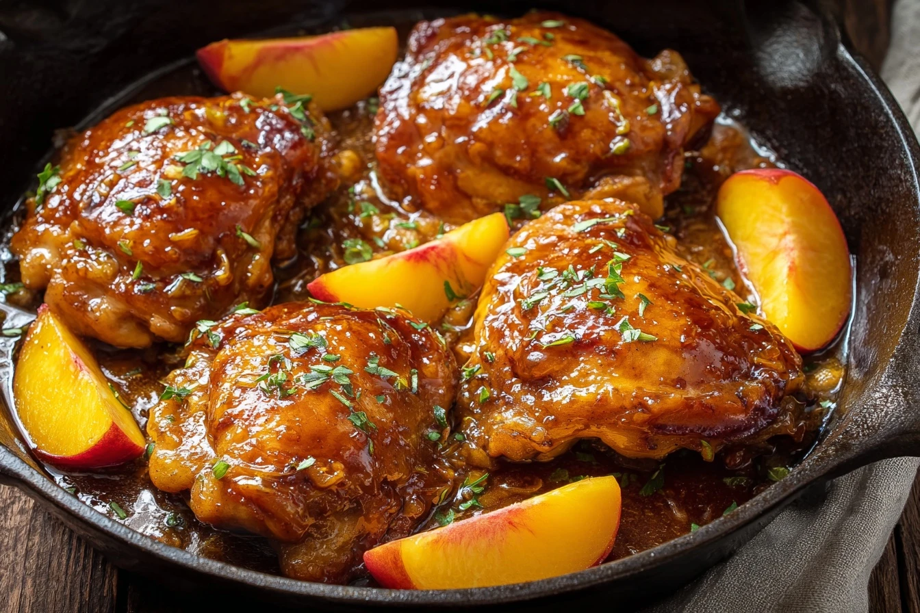 Easy Hot Honey Peach Chicken Thighs Recipe Quick Peach Glazed Chicken Thighs Best Hot Honey Chicken Recipe Peach Honey Gla...