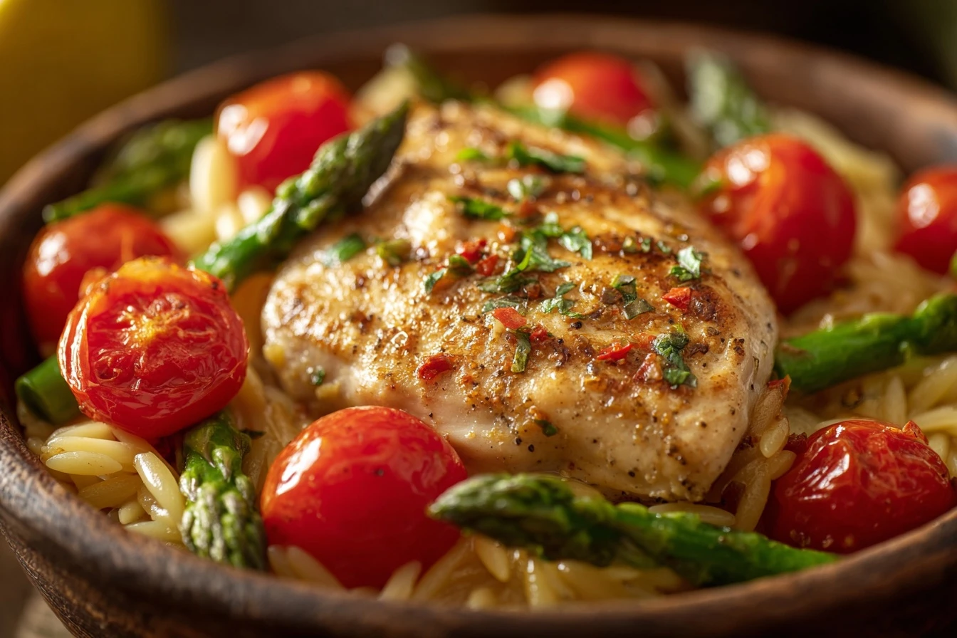 Lemon Chicken Orzo with Tomatoes and Asparagus Recipe