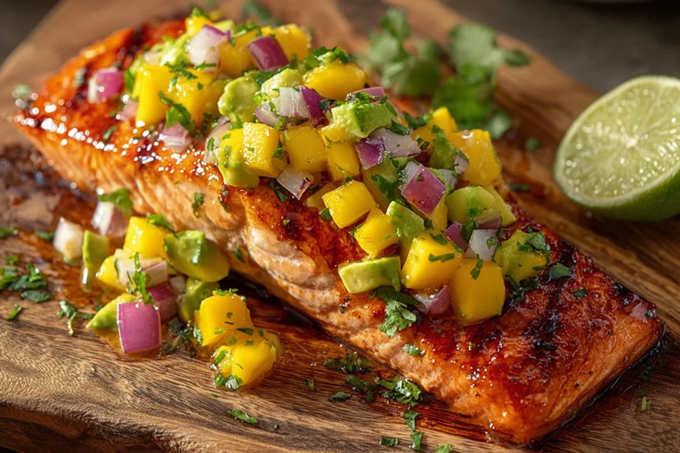 Grilled Lime Salmon Recipe Avocado Mango Salsa For Salmon How To Make Grilled Lime Salmon Best Salmon With Mango Salsa Rec...