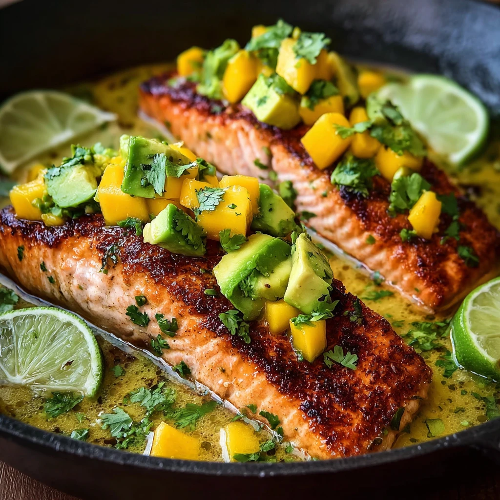 20-Min Quick Coconut Lime Salmon with Avocado Mango Salsa