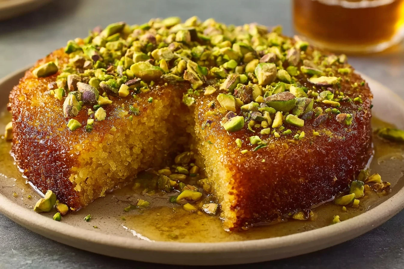 Saffron Pistachio Basbousa