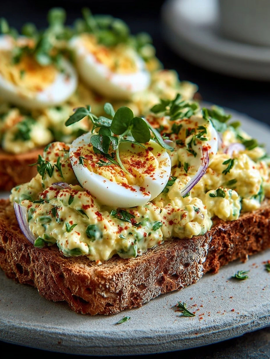 Creamy Avocado Egg Salad Toast with Smoked Paprika - Quick Vegetarian Breakfast Topped with Herbs and Onion Slices