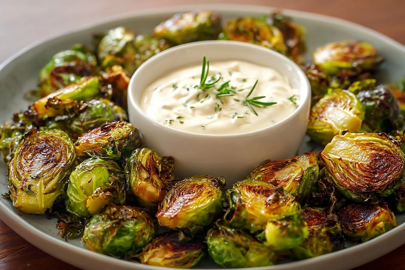 Addictive Crispy Brussel Sprouts with Creamy Dijon Aioli