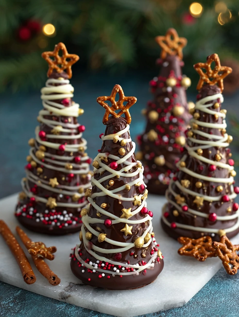 Easy Christmas Chocolate Trees Dessert Recipe - Pretzel Sticks Dipped in Chocolate with Sprinkles and Edible Stars