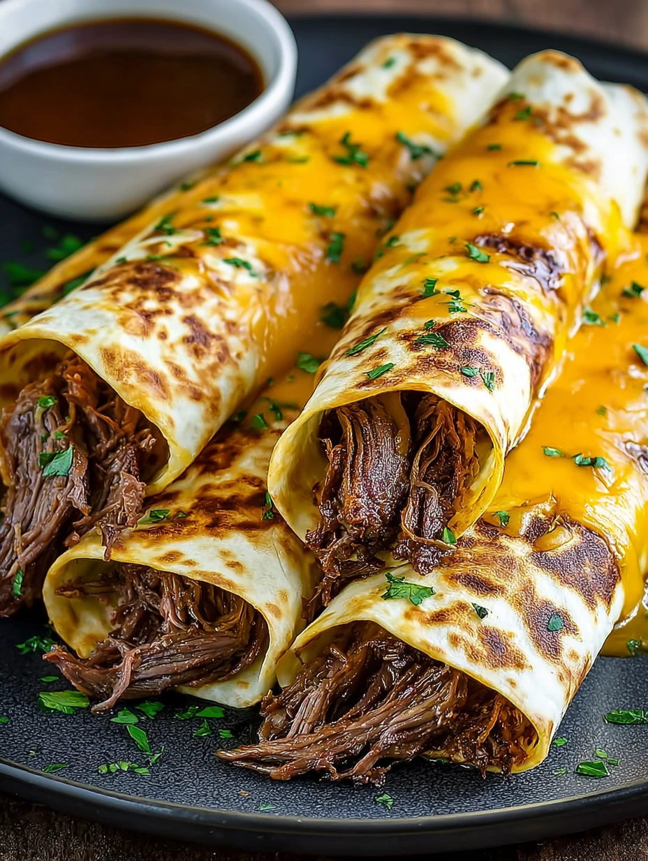 Easy French Dip Tortilla Roll Ups Recipe Best Cheese For French Dip Roll Ups Homemade Au Jus For Tortilla Roll Ups French ...