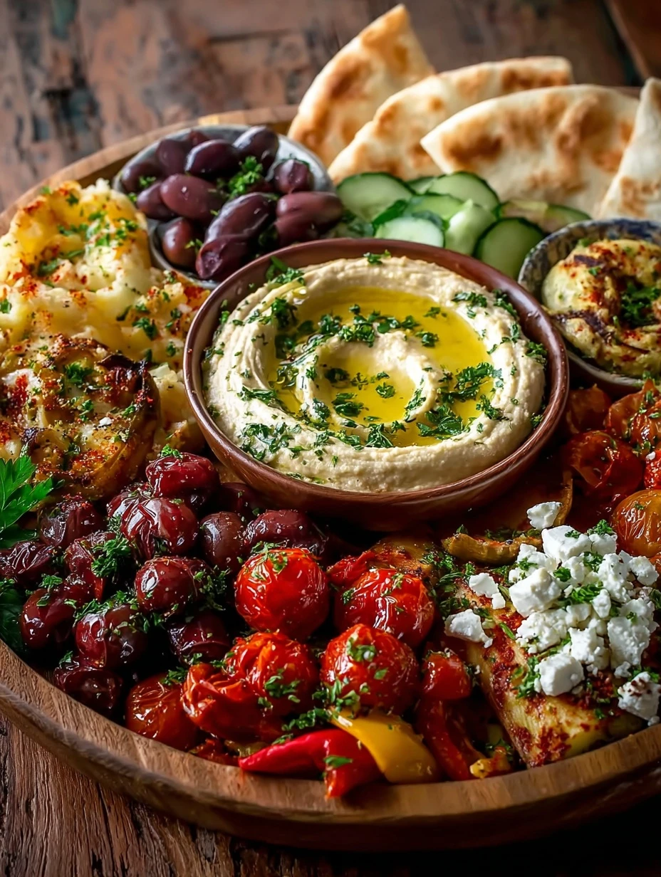 Easy Mediterranean Mezze Tapas Platter Recipe - Vegetarian Appetizer with Hummus, Veggies, Feta, Olives, and Warm Pita Arrangement