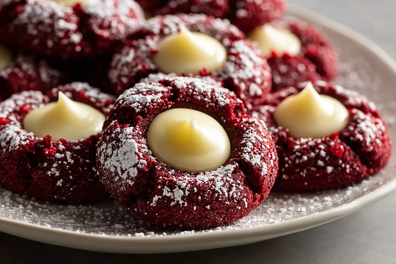 Festive Red Velvet Cookies Recipe Cream Cheese Thumbprint Cookies Easy Red Velvet Thumbprint Cookies Homemade Cream Cheese...