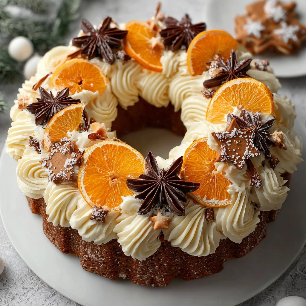 Showstopping Christmas Gingerbread Wreath Cake (Spiced Gingerbread with Candied Orange & Cream Cheese Frosting)
