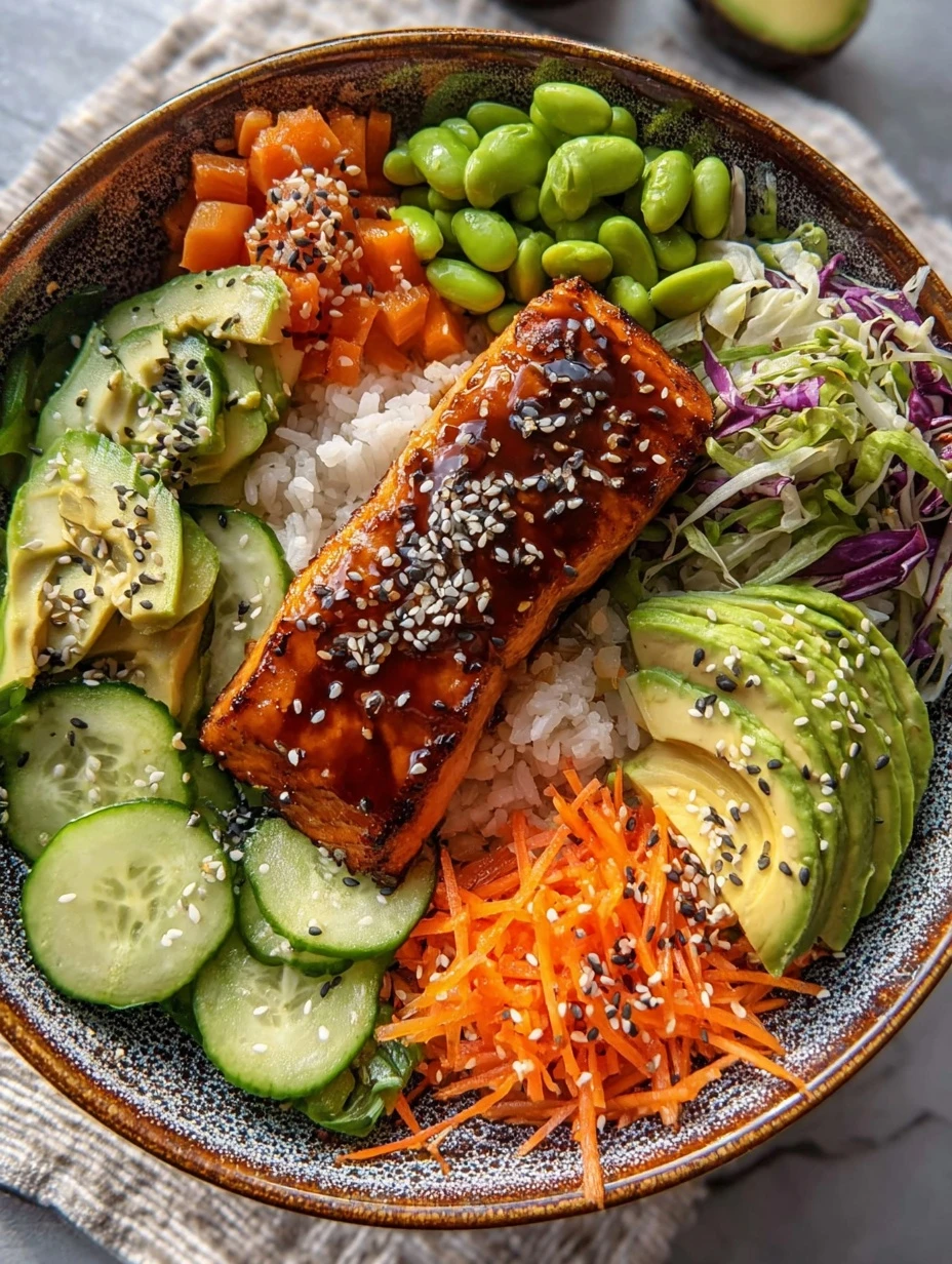 Amazing Crispy Salmon Rice Bowl Recipe - Healthy 25 Minute Meal with Avocado, Veggies, Sesame Seeds, and Sauce Drizzle