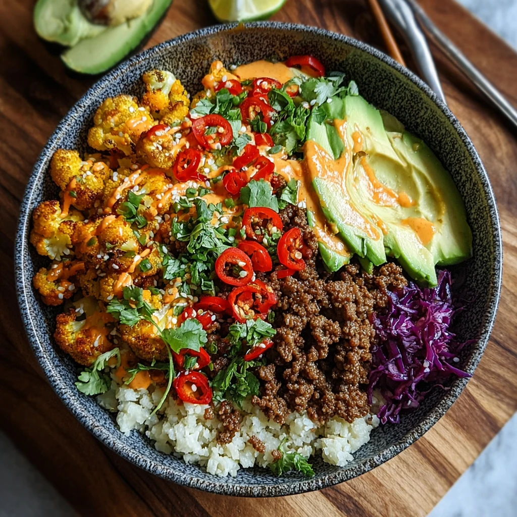 Korean-style Crispy Beef Cauliflower Recipe Low Carb Korean Beef Bowl Spicy Ground Beef Cauliflower Rice Korean Crispy Bee...