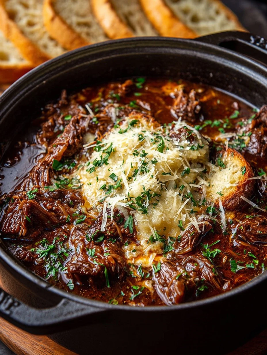 Slow Braised French Onion Chuck Roast with Cheese - Tender Beef in Caramelized Onion Broth Garnished with Herbs and Toasted Bread