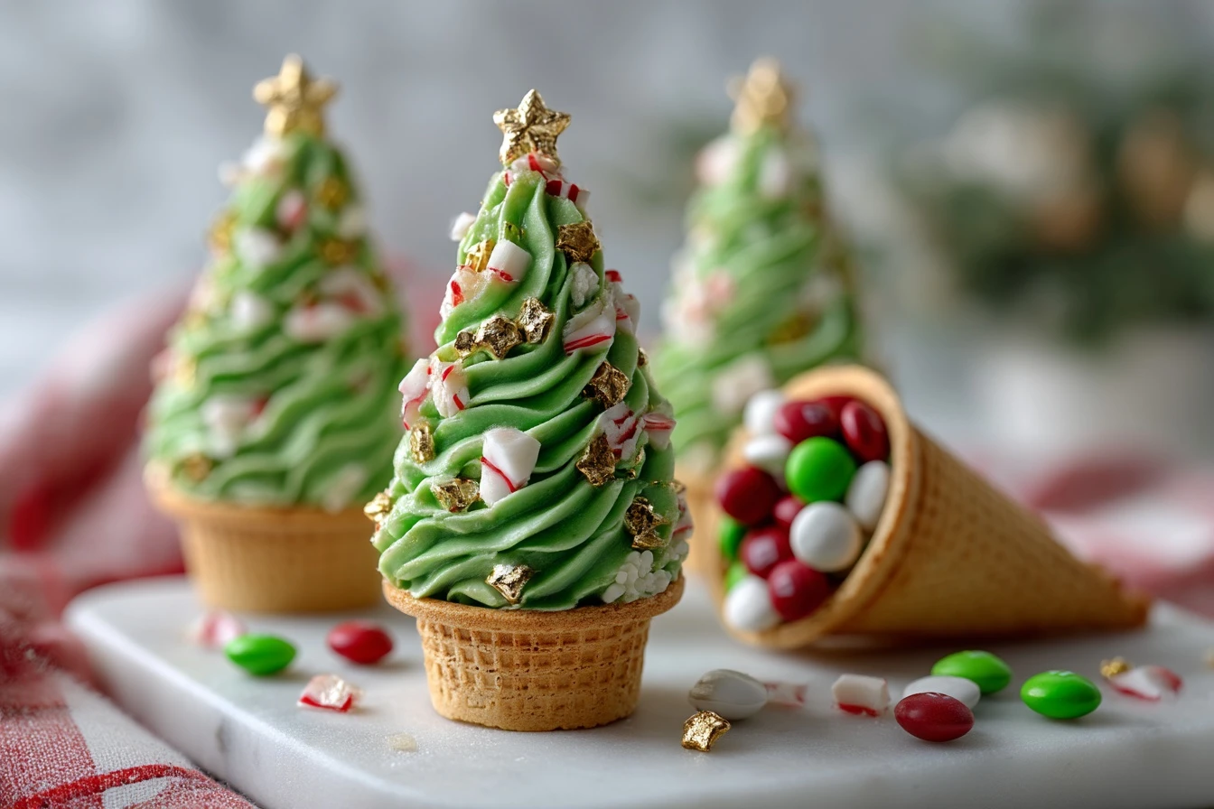 Stuffed Sugar Cone Christmas Trees – Edible M&M & Peppermint Surprise!