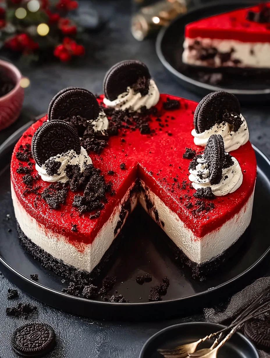 Christmas Red Velvet Cheesecake Recipe Easy Oreo Crust Cheesecake Festive Red Velvet Oreo Cake Holiday Red Velvet Cheeseca...