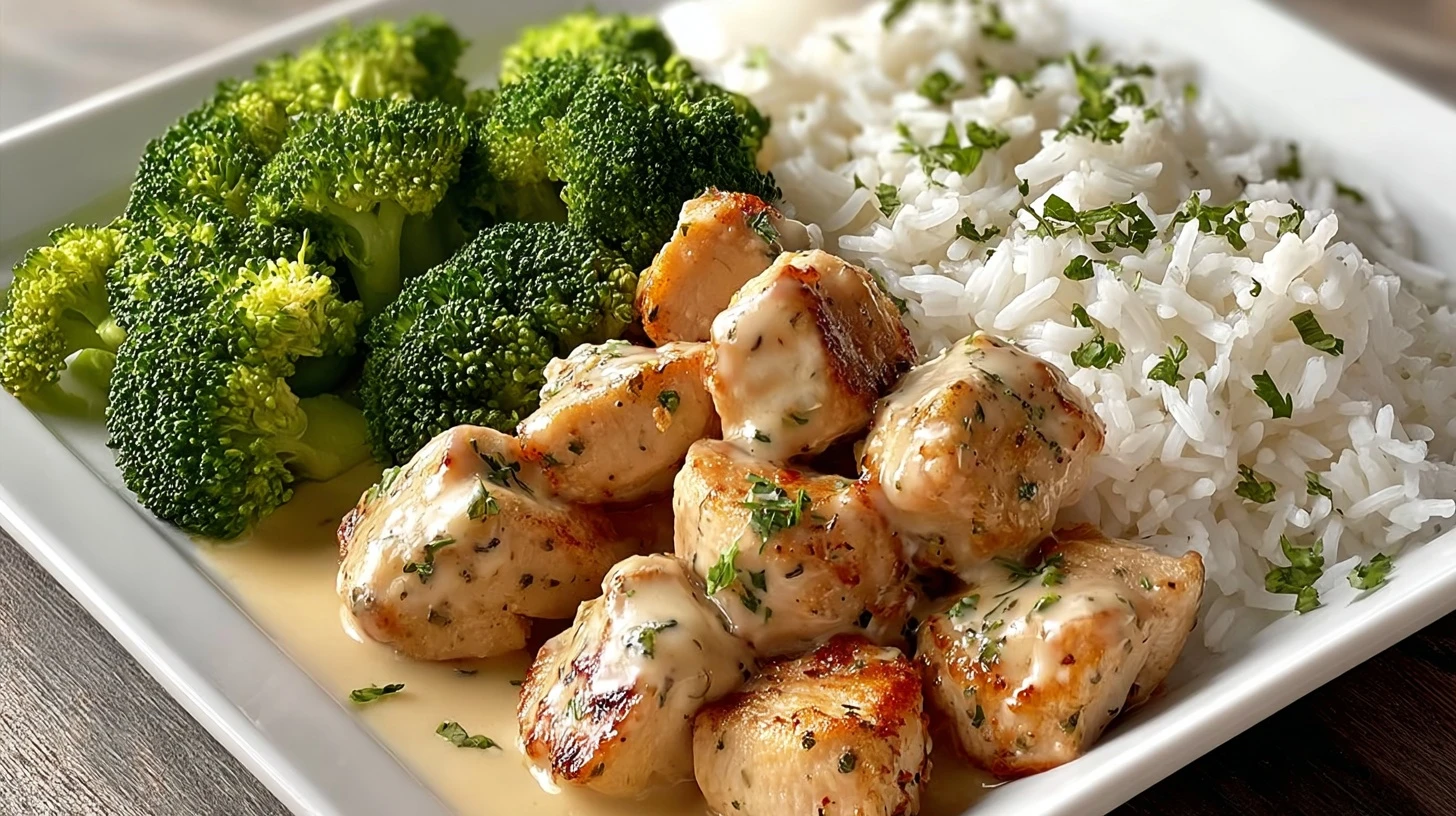 Creamy Garlic Chicken Bites with Rice and Roasted Broccoli