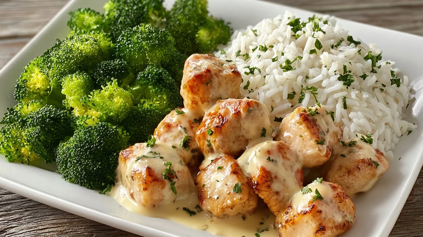 Creamy Garlic Chicken Bites Recipe Easy Garlic Chicken With Rice Best Roasted Broccoli And Chicken Dinner Low-fat Creamy C...