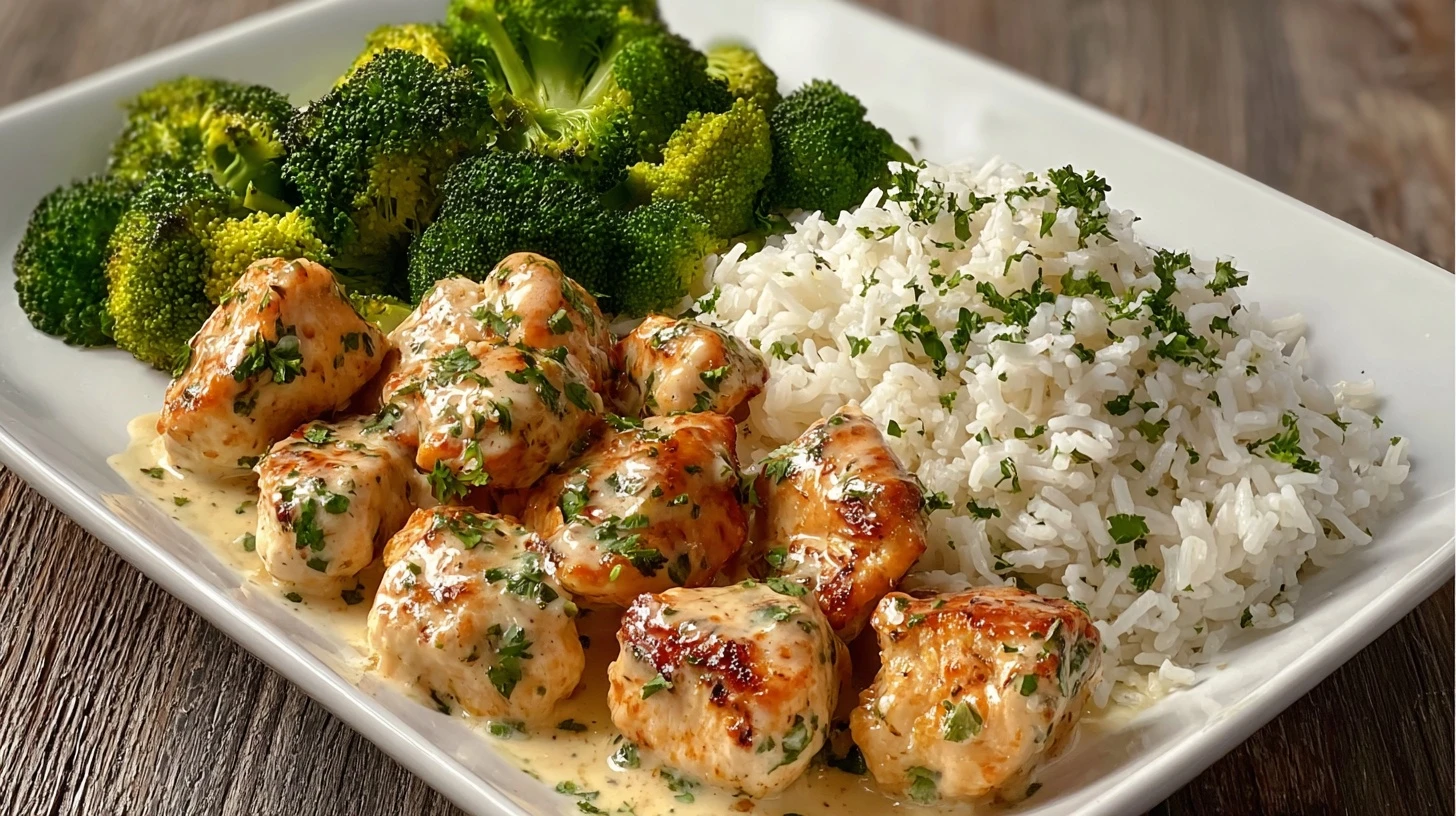 Creamy Garlic Chicken Bites Recipe Easy Garlic Chicken With Rice Best Roasted Broccoli And Chicken Dinner Low-fat Creamy C...