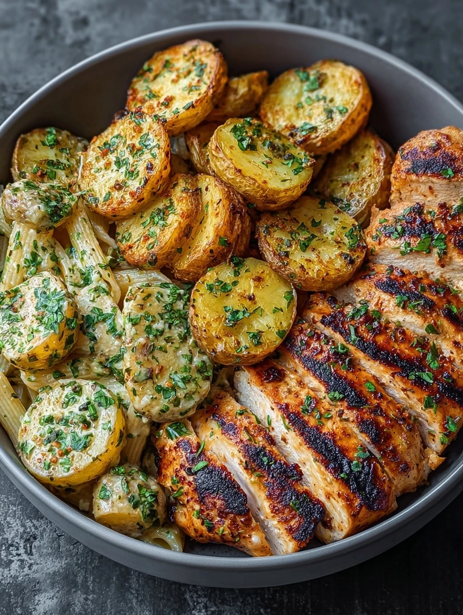 Creamy Herb Pasta with Grilled Chicken and Roasted Potatoes Recipe