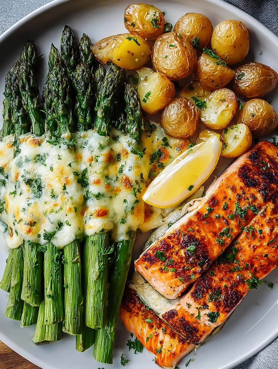 Garlic Butter Salmon with Crispy Potatoes and Cheesy Asparagus