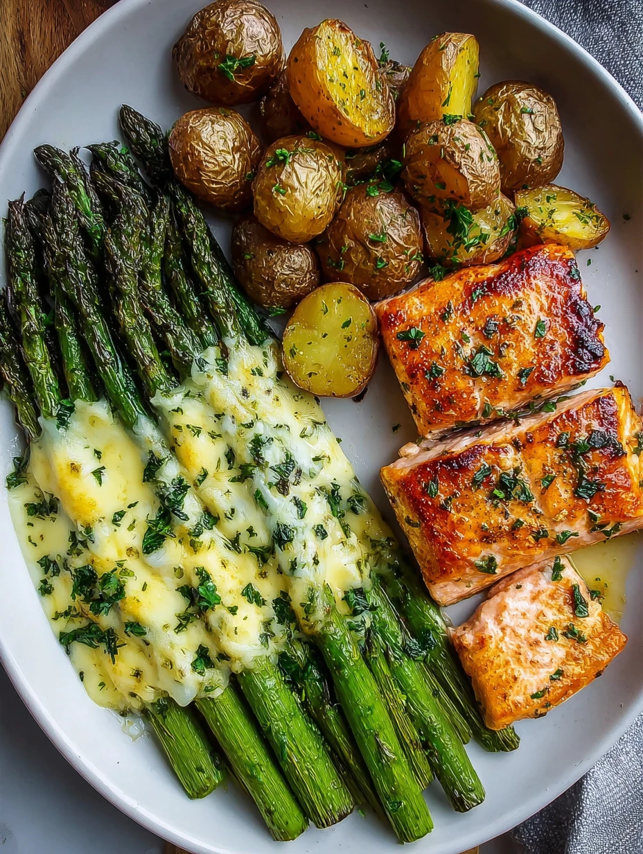 Garlic Butter Salmon Crispy Potatoes Cheesy Asparagus