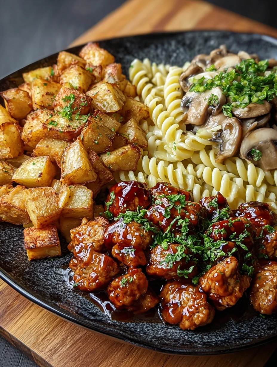 Glazed Chicken Cubes with Crispy Potatoes and Mushroom Pasta