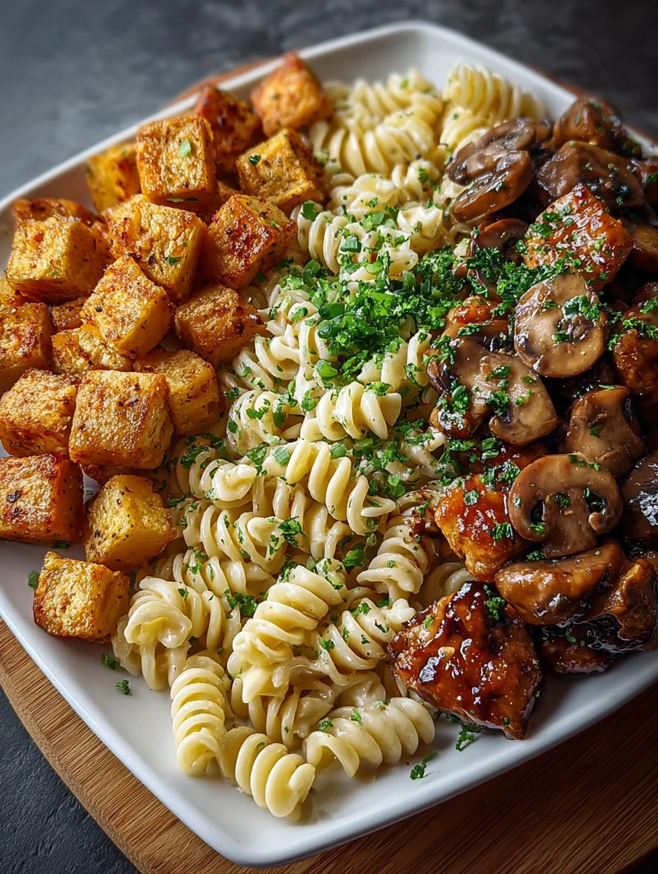 Glazed Chicken Cubes Crispy Potatoes Mushroom Pasta