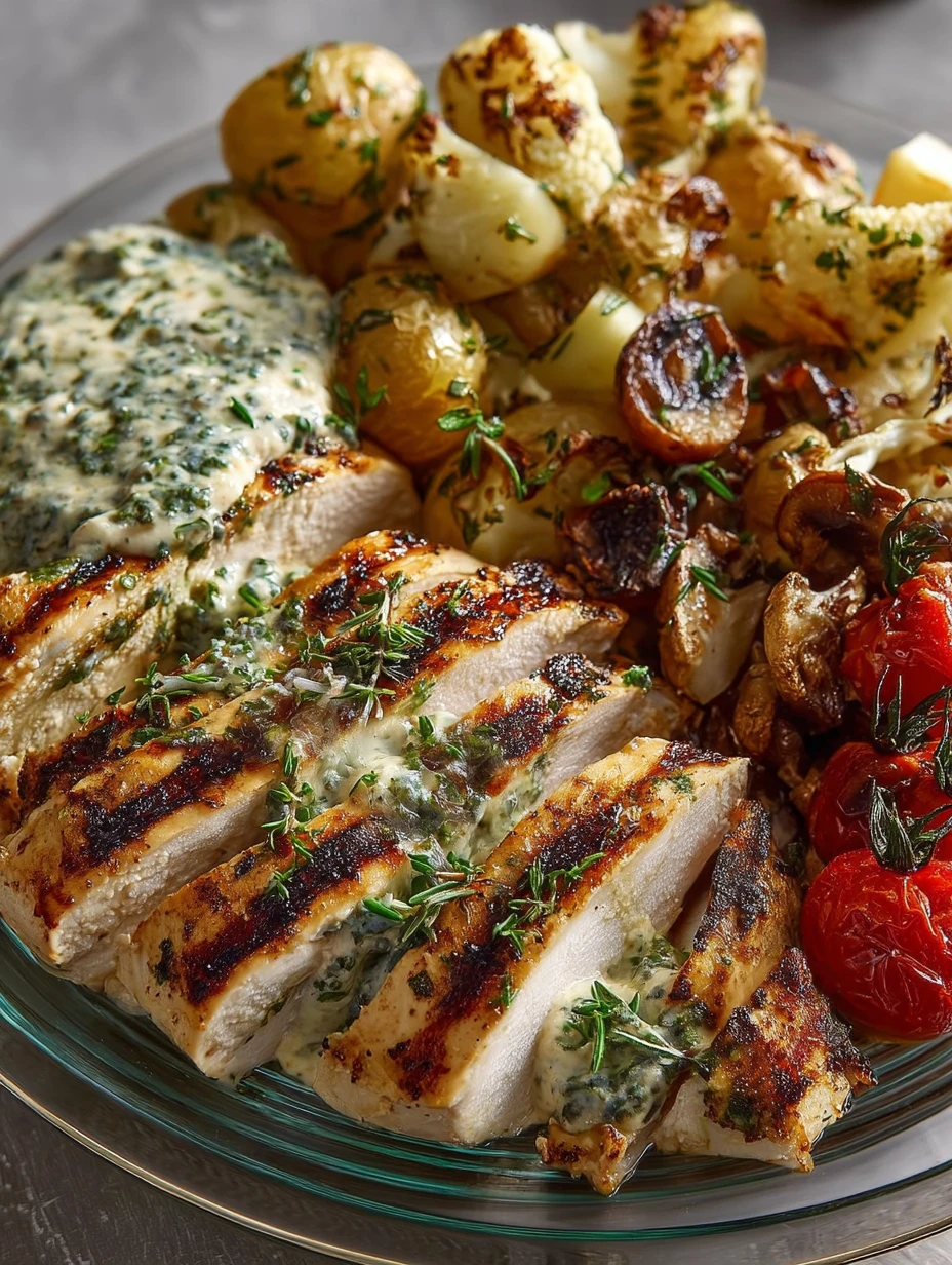 Grilled Chicken with Creamy Herb Sauce and Roasted Sides