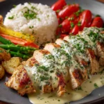 Glazed Chicken Cubes with Crispy Potatoes and Mushroom Pasta