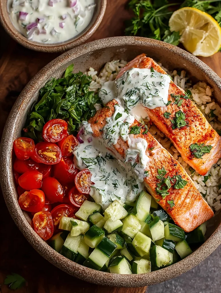 Mediterranean Salmon Bowl Recipe Easy Mediterranean Salmon Dinner Healthy Salmon Bowl Meal Prep Low-calorie Salmon Rice Bo...