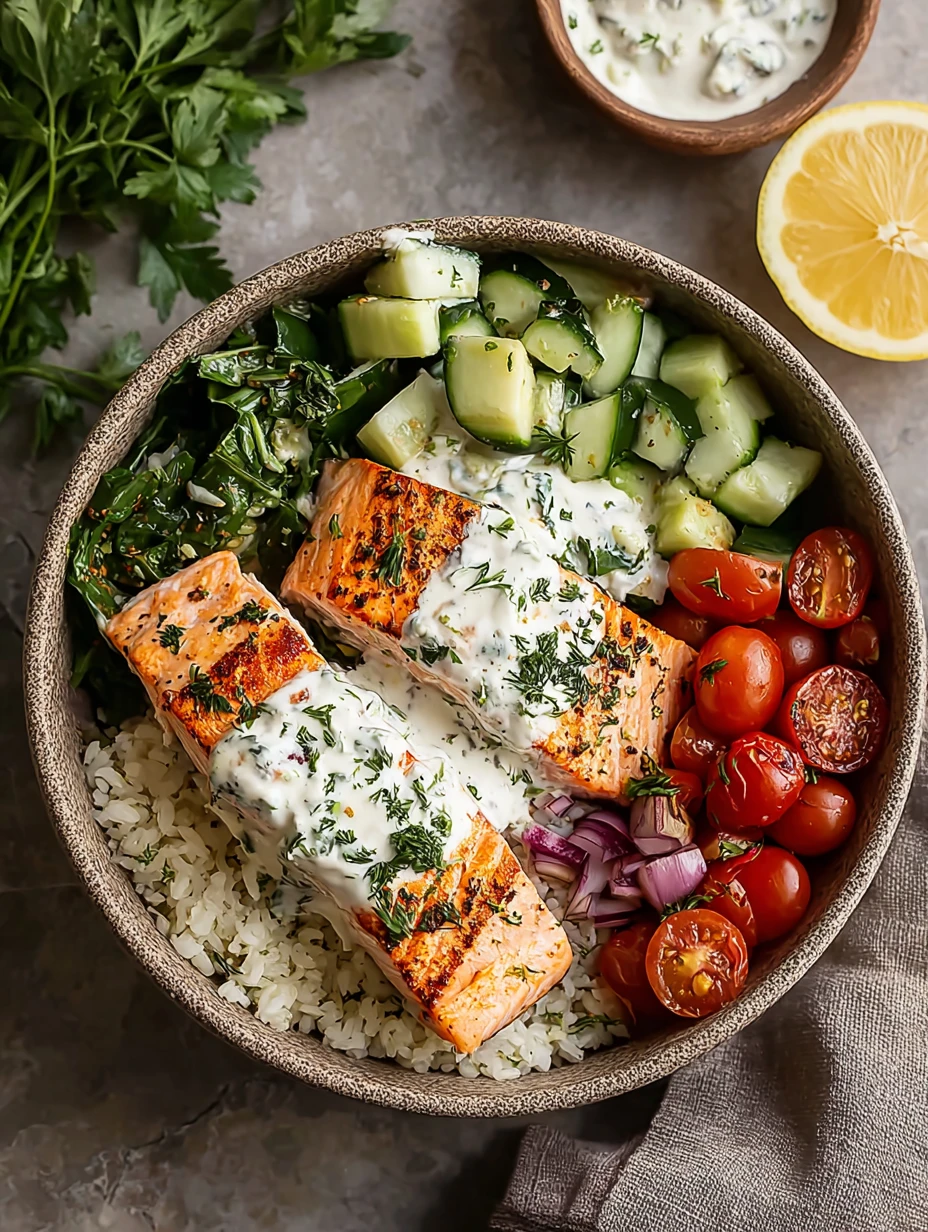 Mediterranean Salmon Bowl Recipe Easy Mediterranean Salmon Dinner Healthy Salmon Bowl Meal Prep Low-calorie Salmon Rice Bo...
