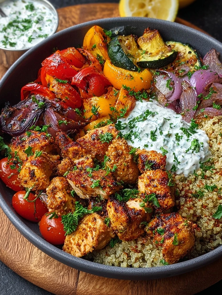 Ultimate Grilled Chicken Quinoa Bowl Recipe Healthy Chicken Quinoa Bowl With Tzatziki Roasted Veggies Quinoa Chicken Bowl ...