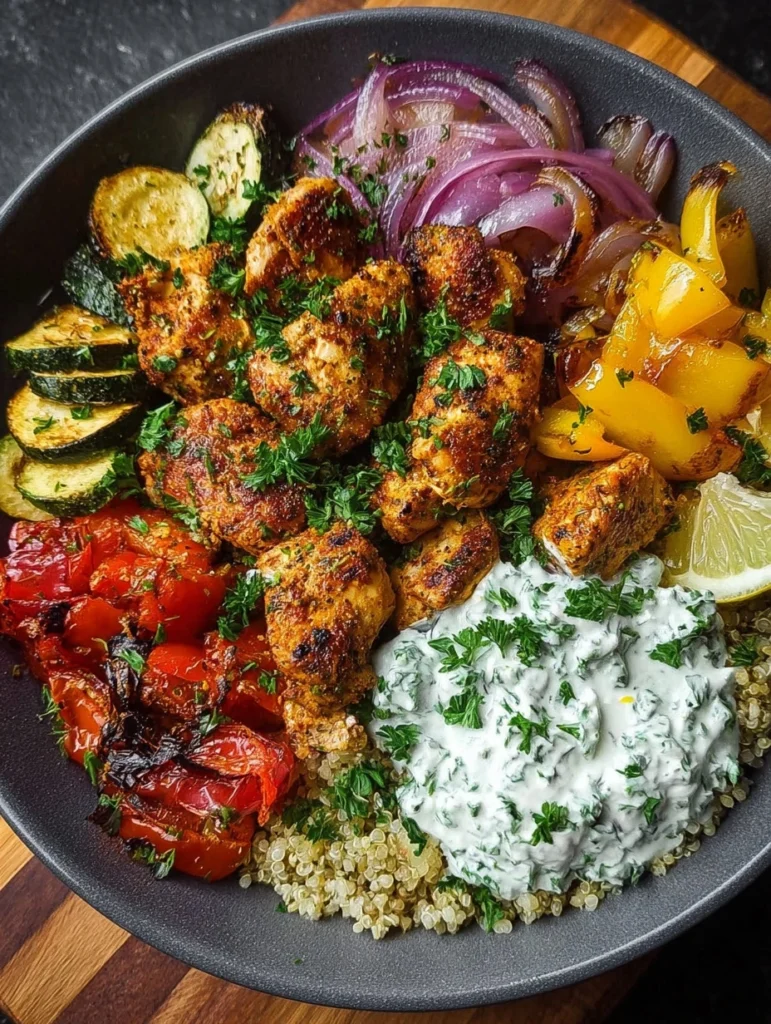 Ultimate Grilled Chicken Quinoa Bowl Recipe Healthy Chicken Quinoa Bowl With Tzatziki Roasted Veggies Quinoa Chicken Bowl ...